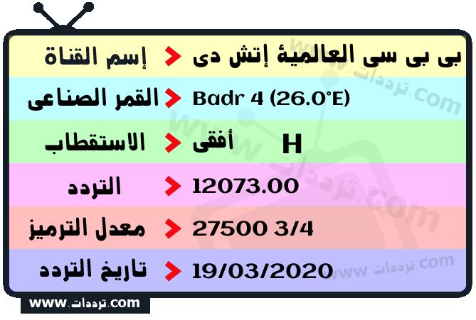 تردد قناة بي بي سي العالمية إتش دي على القمر بدر سات 4 26 شرق 2025