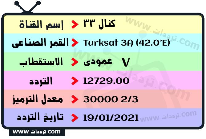 تردد قناة كنال 33 على القمر الصناعي Turksat 3A (42.0°E) Frequency Kanal 33 Turksat 3A (42.0°E)